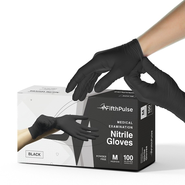 Fifthpulse FMN100, Disposable Gloves, 3 mil Palm, Nitrile, Powder-Free, M, 100 PK, Black FP-N-100-M-BLK - main